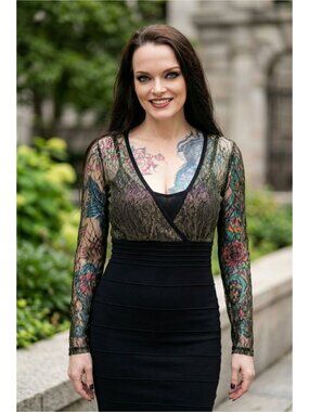 2b Bebe ✦ Black Metallic Lace Bodycon Dress ✦ Deep V Long Sleeve Sheer S